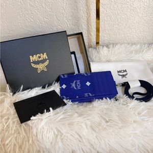 MCM Royal Blue Leather Card holder, ID holder lanyard.